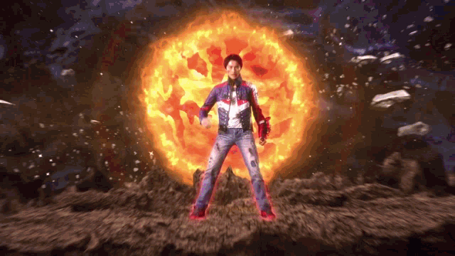 a man is standing in front of a large explosion