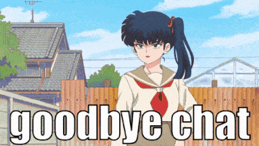 a girl in a school uniform is standing in front of a wooden fence with the words goodbye chat above her
