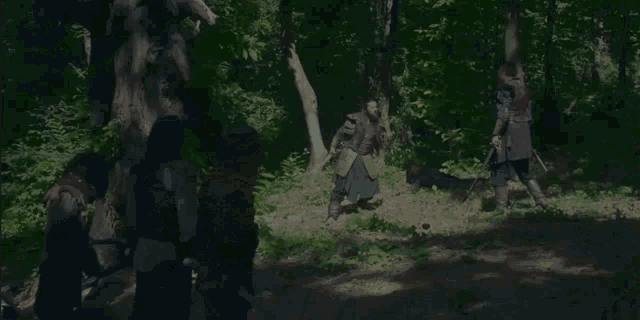 two men in armor are standing next to each other in a forest .