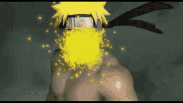 a naked man with a yellow hairband on his head is standing in front of a green background .