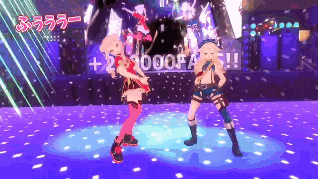 two anime girls are dancing on a stage in front of a sign that says 22000 fans