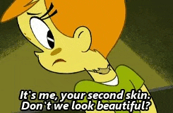a cartoon character is saying it 's me , your second skin .