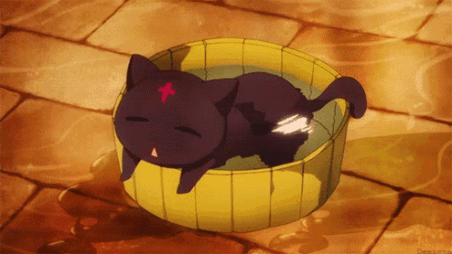 a black cat with a red cross on its head is laying in a yellow tub of water