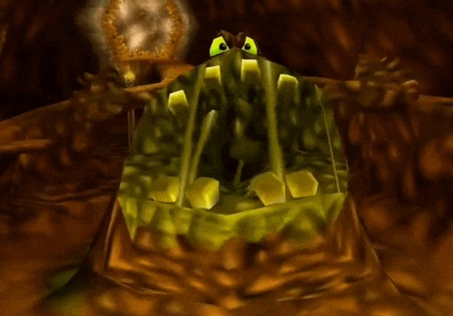 a video game character with a frog 's mouth open looking at the camera