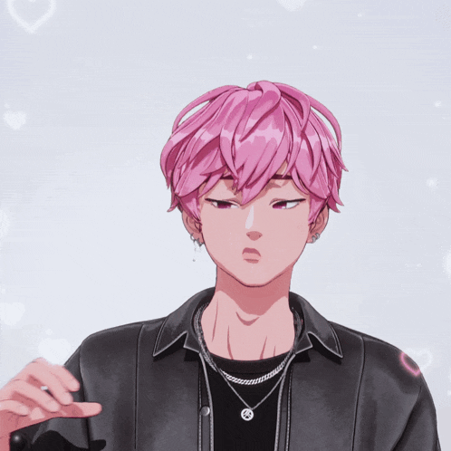 a boy with pink hair making a heart shape with his hands