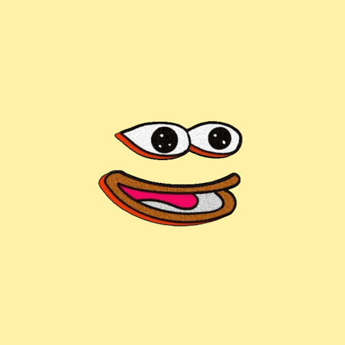 a cartoon face with big eyes and a pink tongue on a yellow background .