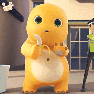 a yellow cartoon character is eating a banana while a police officer stands behind it .