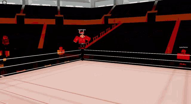 a man in a red shirt stands in the middle of a boxing ring