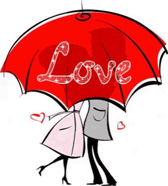 a couple kissing under a red umbrella with the word love on it