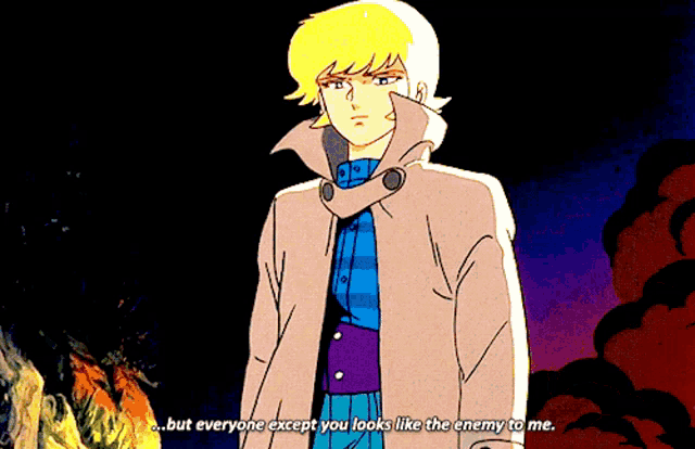 a cartoon character says " but everyone except you looks like the enemy to me .. "