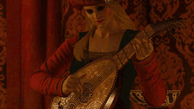 a woman in a red hat is playing a lute