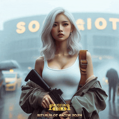 a woman holding a gun in front of a building that says so riot