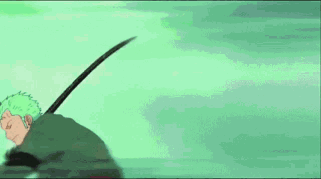 a man with green hair is holding a sword in his hand while standing in front of a green background .
