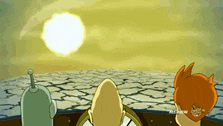 three cartoon characters looking at the sun in a desert