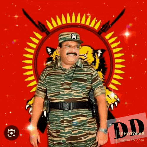 a man in a military uniform is standing in front of a lion and sun