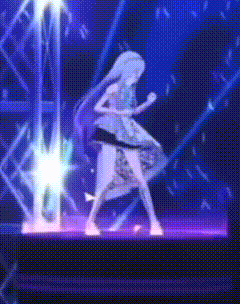 a girl in a blue dress is dancing on a stage with purple lights behind her .