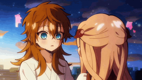 two anime characters are looking at each other and one has a red hair and blue eyes