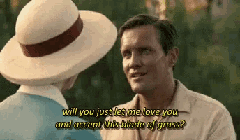 a man and a woman are talking to each other and the man is asking the woman if she will just let him love her