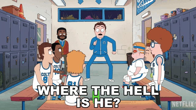 a group of basketball players are sitting around a table with the words where the hell is he on the bottom