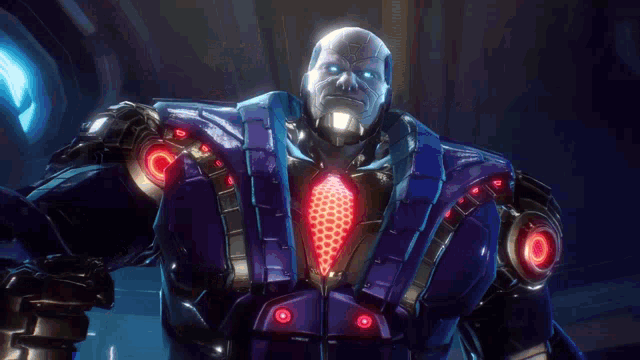 a man in a purple suit with red lights on his arms is standing in a room .