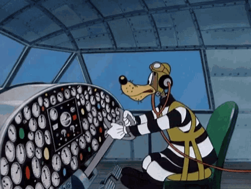 a cartoon character is sitting at the controls of an airplane with clocks on the dashboard