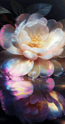 a painting of a white flower with pink petals and a yellow center