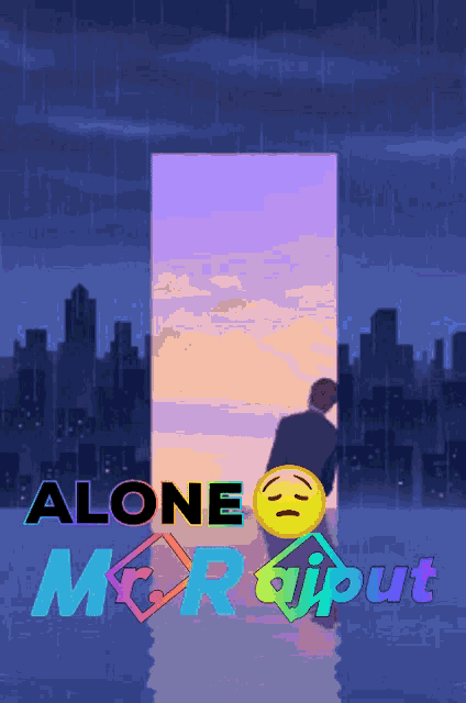 a poster with a man sitting in front of a door that says " alone " on it