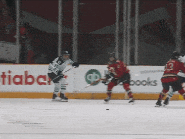 a hockey game is being played in front of a sign that says tiaba
