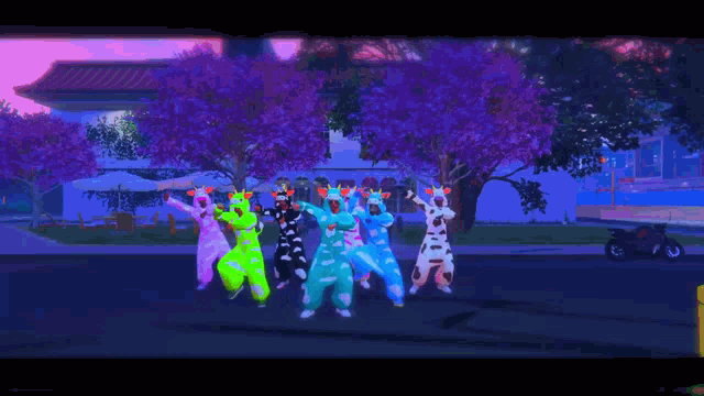 a group of people standing in front of a purple tree