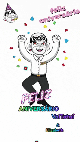 a cartoon of a man dancing with the words feliz aniversario written on it