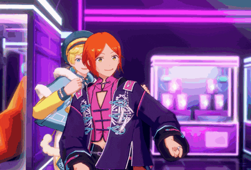 two anime characters are standing next to each other in a room