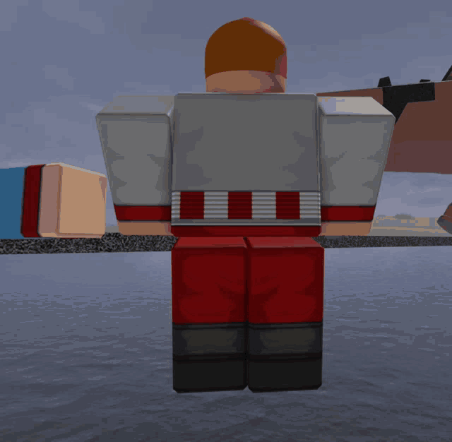 a cartoon character with red pants and a silver shirt
