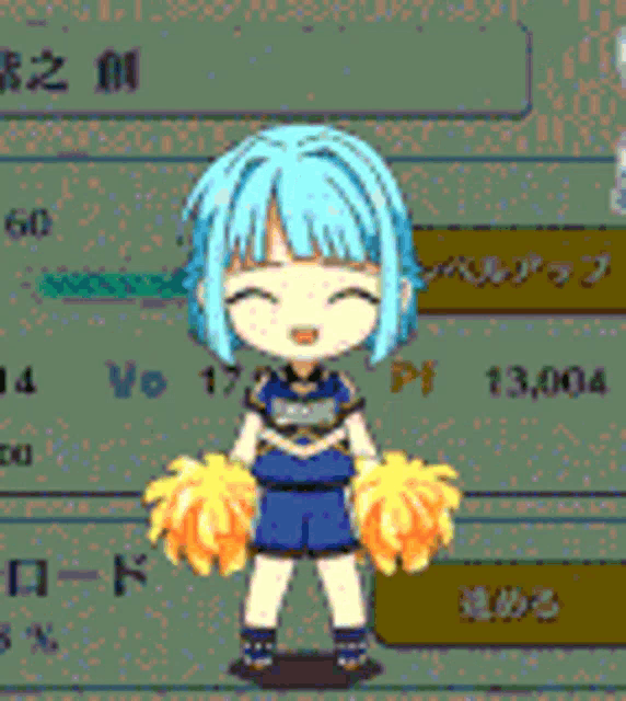 a cheerleader with blue hair is holding pom poms