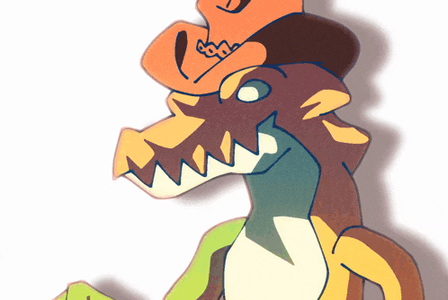 a cartoon drawing of a dinosaur with a hat on top