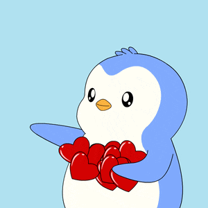 a penguin holding a bunch of red hearts in its hands