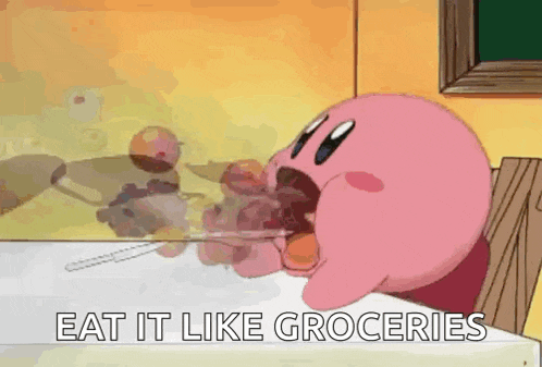 a cartoon character is sitting at a table eating grapes and says eat it like groceries