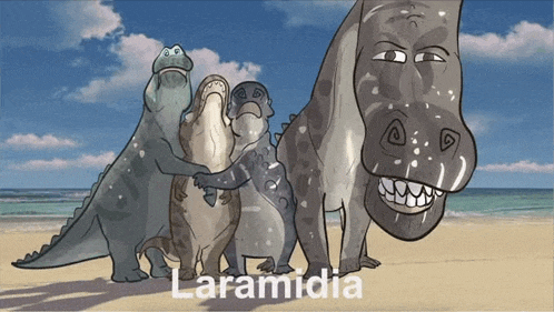 a group of dinosaurs standing on a beach with the words laramidia written on the bottom