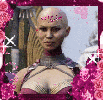 a picture of a woman with a shaved head in a pink frame with arabic writing