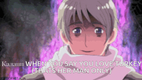 a man is standing in front of a purple background and says `` when you say you love turkey that 's her man only ''