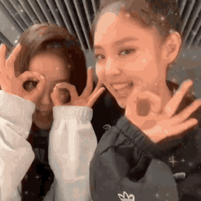 two girls are making a peace sign with their hands while standing next to each other .