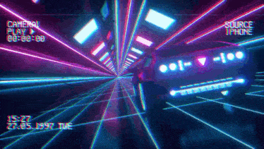 a car is driving through a neon tunnel with a camera .