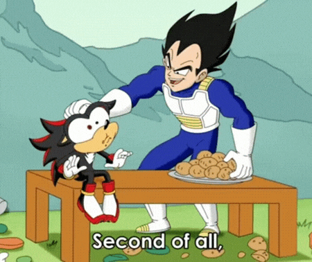 a cartoon of vegeta feeding shadow a plate of potatoes and says second of all