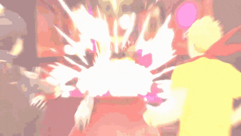a man in a yellow shirt is standing in front of a large explosion in a video game .
