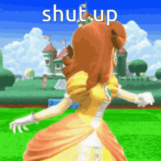 a girl in a yellow dress is standing in front of a castle and the word shut up is on the screen