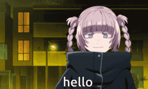 a girl in a black jacket says hello