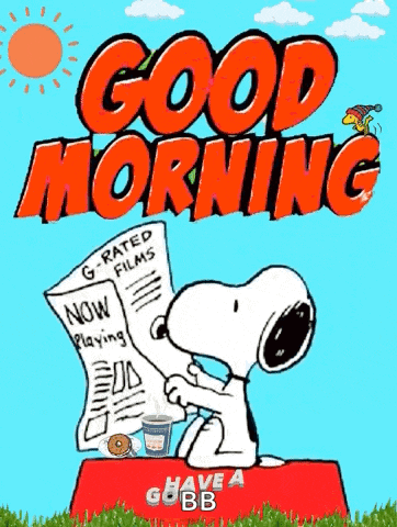 a cartoon of snoopy reading a newspaper with the words good morning