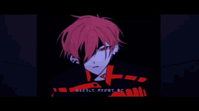 a drawing of a person with red hair and a purple jacket
