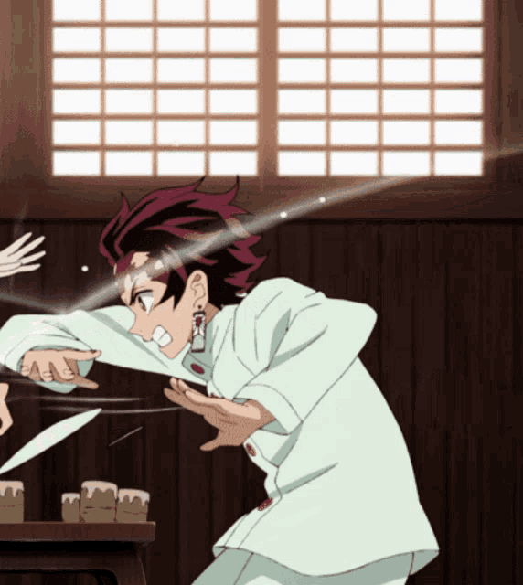a man in a white shirt is holding a knife and pointing