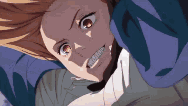 a close up of a anime character with a very angry face