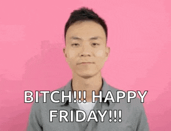 a man is standing in front of a pink background and saying `` bitch !! happy friday !!! ''